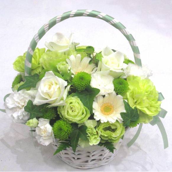 花キューピット加盟店 店舗名：花樹園
フラワーギフト商品番号：901930
商品名：《Flower arrangement》Green Ribbon Basket
